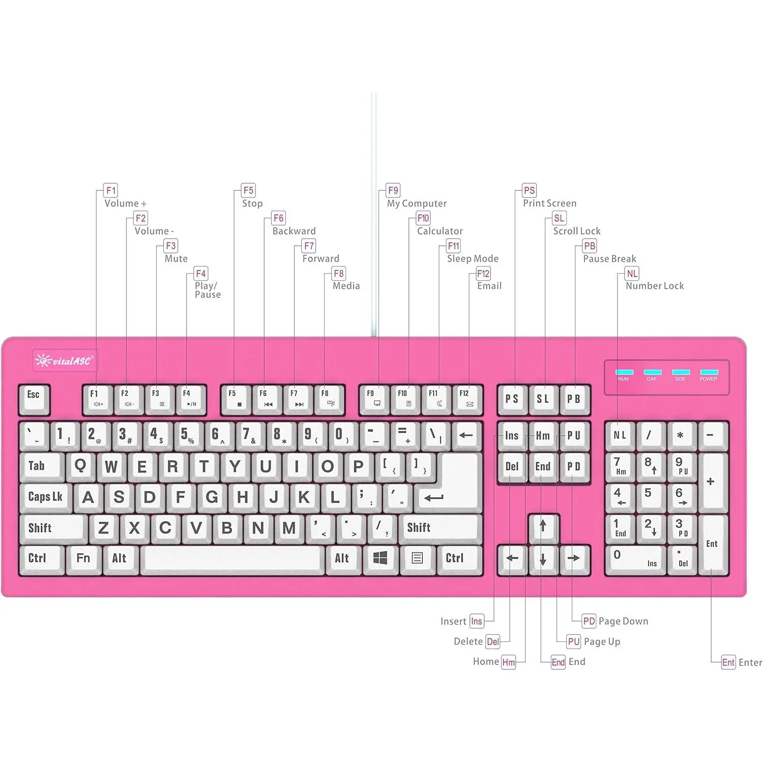 Full Size 104-Key USB Wired Keyboard with Anti-Ghosting Membrane Keys, 7ft Cable, Large Font, Spill-Resistant, Durable Black and White Design for Laptop, PC, TV