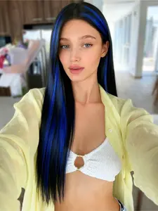 Black Blue Highlight 13x4 Lace Front Wig Pre Plucked Natural Hairline Free Part Straight Wig Heat-Resistant Synthetic Wig for Women Daily Wear 28 Inches Lace Frontal Wig