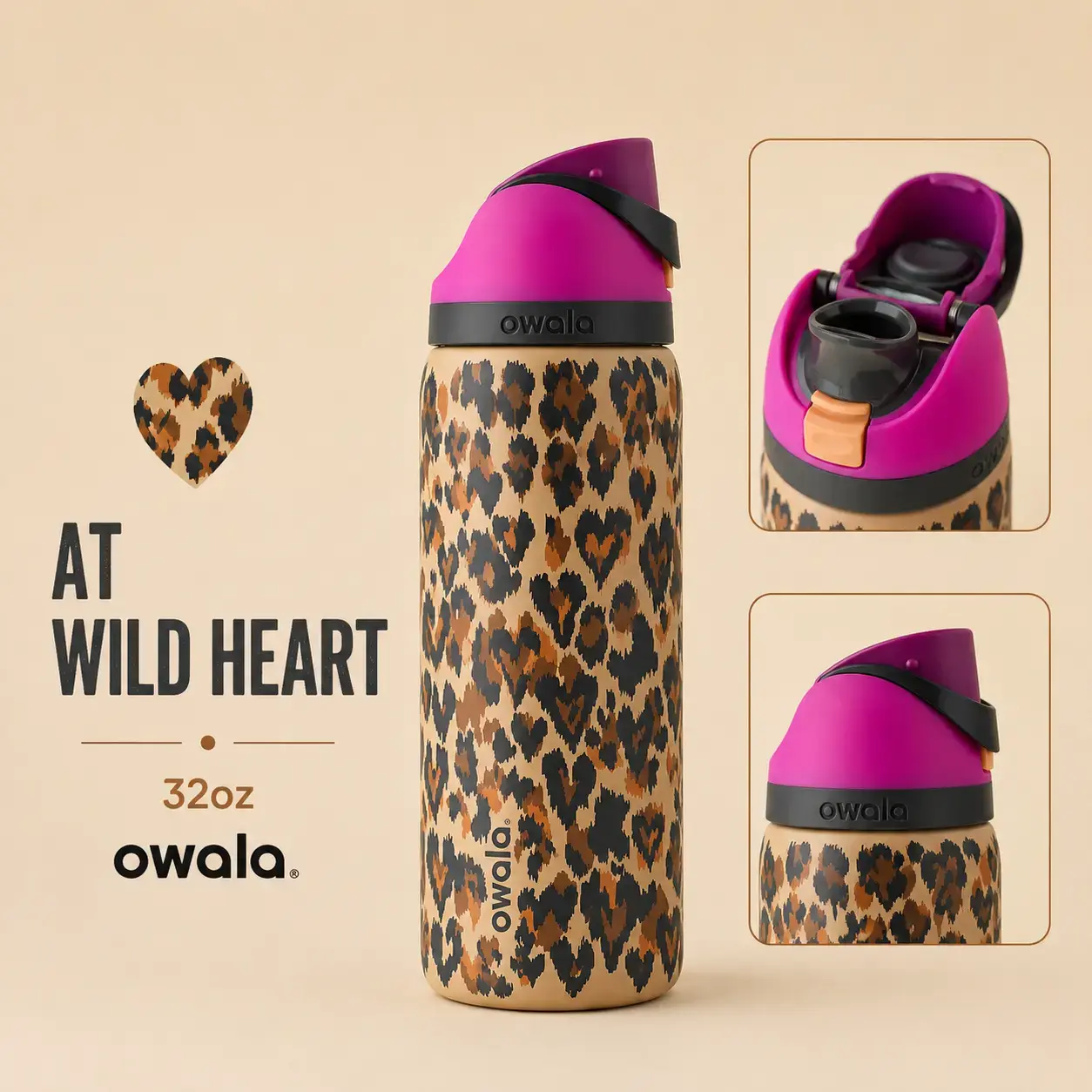Owala 32 oz FreeSip Stainless Steel Water Bottle in the "Wild at Heart" cheetah print, featuring a bright magenta lid