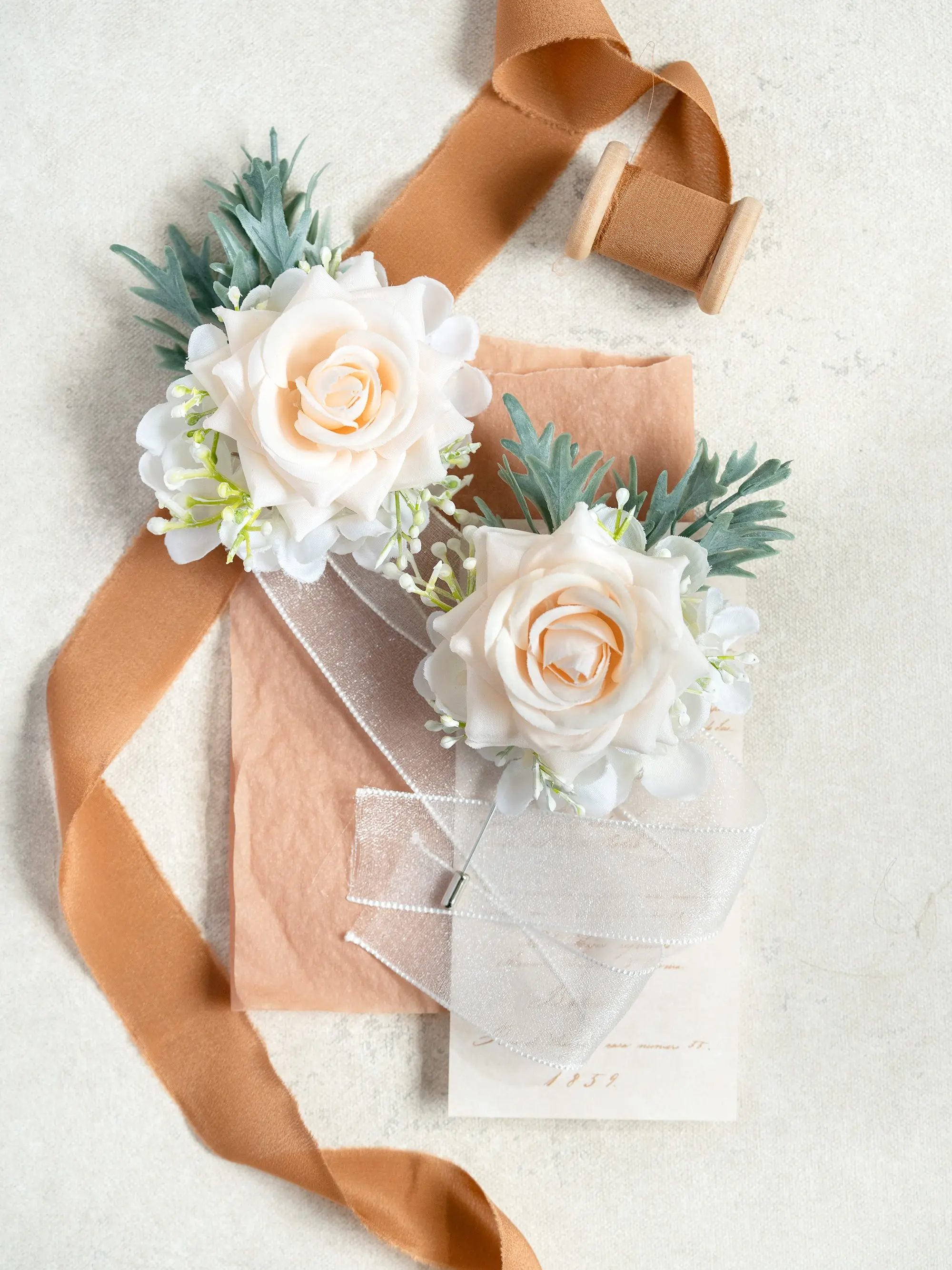 Soft Cream Rose Wrist Corsage & Boutonniere Set - Soft Ivory Prom Corsage, Boho Wedding Flower Girl Wristlet, Homecoming Corsage, Groom Boutonniere, Bridesmaid Corsage Gift with Customizable Ribbon Colors and Silk Flowers
