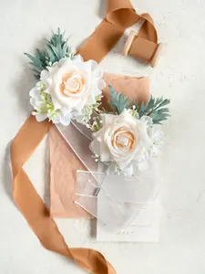 Soft Cream Rose Wrist Corsage & Boutonniere Set - Soft Ivory Prom Corsage, Boho Wedding Flower Girl Wristlet, Homecoming Corsage, Groom Boutonniere, Bridesmaid Corsage Gift with Customizable Ribbon Colors and Silk Flowers