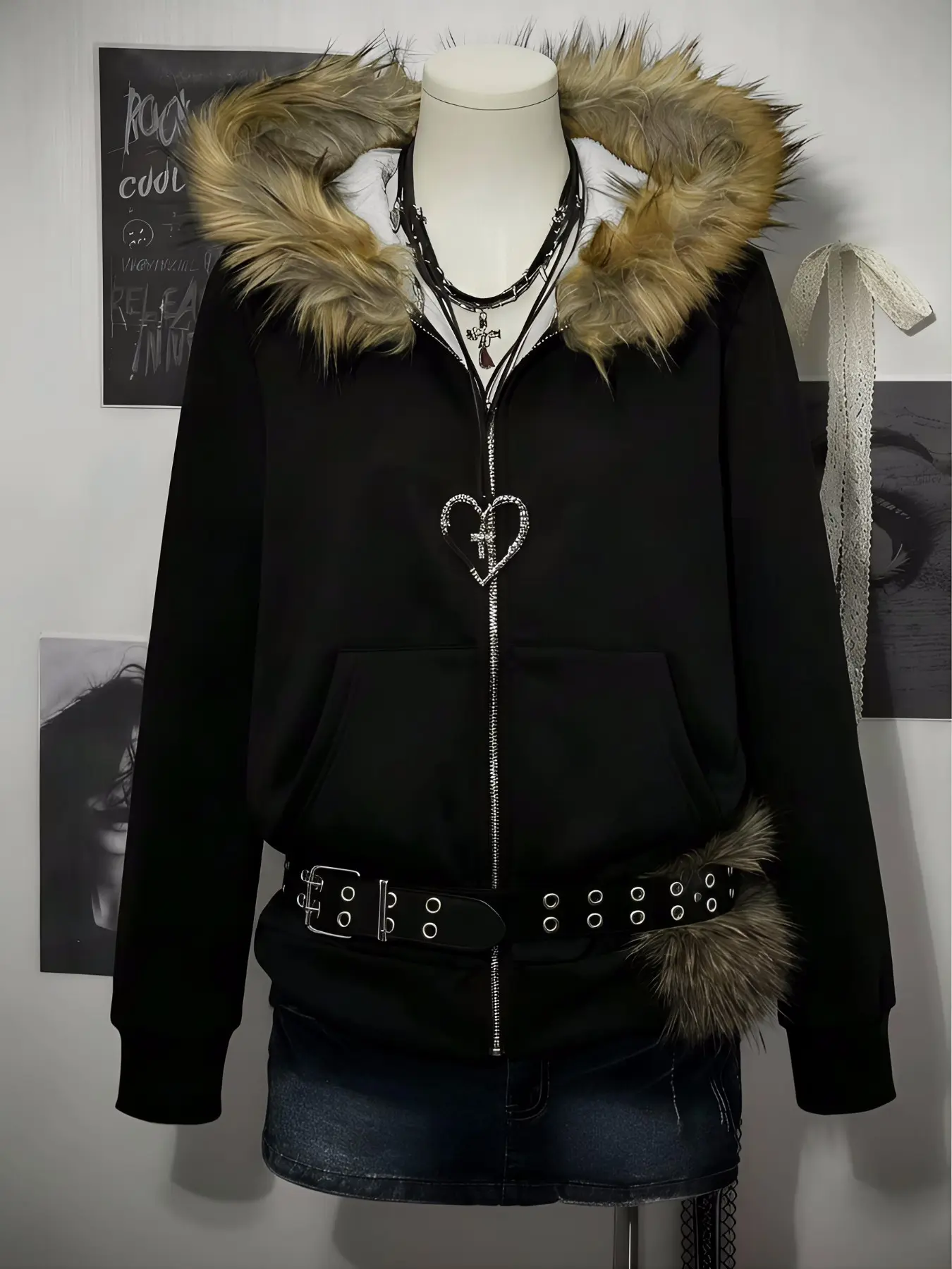 future archive fur hoodie ダブルジップ Y2K Y2K Gothic Black Faux Fur Hooded Solid Zip-Up Hoodie | Versatile