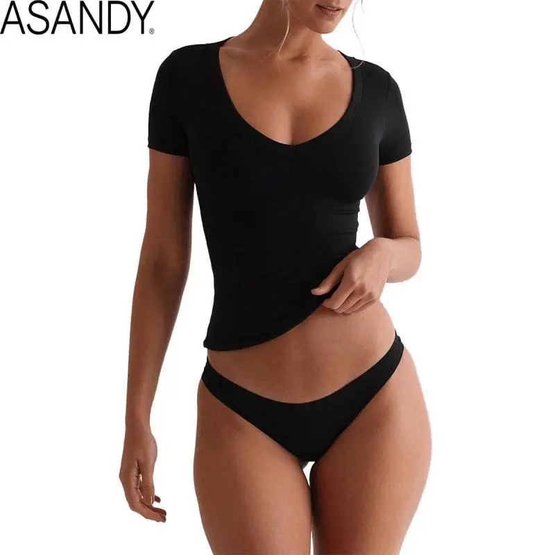 Women's Ribbed Knit T-Shirt, Casual Deep V-Neck Slim Fit Top with Short Cap Sleeves, Lightweight Breathable Fabric for Yoga & Workout, Lady