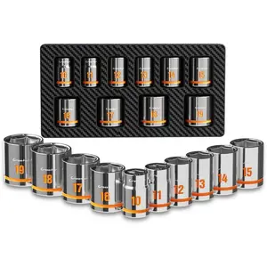 Crosstar 10pcs 3/8" Drive thin wall Shallow Socket Set, Low Profile Stubby Socket Set with EVA foam, 6-Point Mechanic Metric Socket Sets in 10mm-19mm for tight space,use with ratchet wrenches
