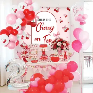 LaVenty She's The Cherry on Top Baby Shower Backdrop Balloons for Girl Cherry Theme Coquette Bridal Shower Decorations Bow Party Decor Cherry Bride to Be Engagement Party Decor Birthday Props