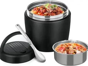 Thermo Food Jar for Hot Food Adults 32OZ Soup Thermo Lunch Containers Wide Mouth Vacuum Insulated Stainless, Bento Box with Spoon (Black)