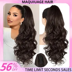 MAQUIUAGE Ponytail Extension, 24" Claw Clip in Ponytail Extensions Long Curly Wavy Ponytail Hair Extension Jaw Clip on Pony Tails Fluffy Hairpiece for Women Daily Party Use, Dark Chocolate Brown