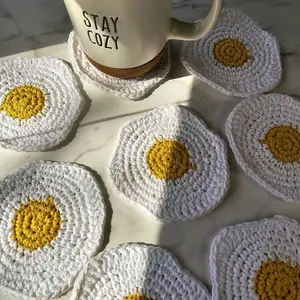 Crochet Fried Egg Coaster Handmade 100% Cotton Absorbent Sturdy Tableware Protection 4.5x4.5 Inches