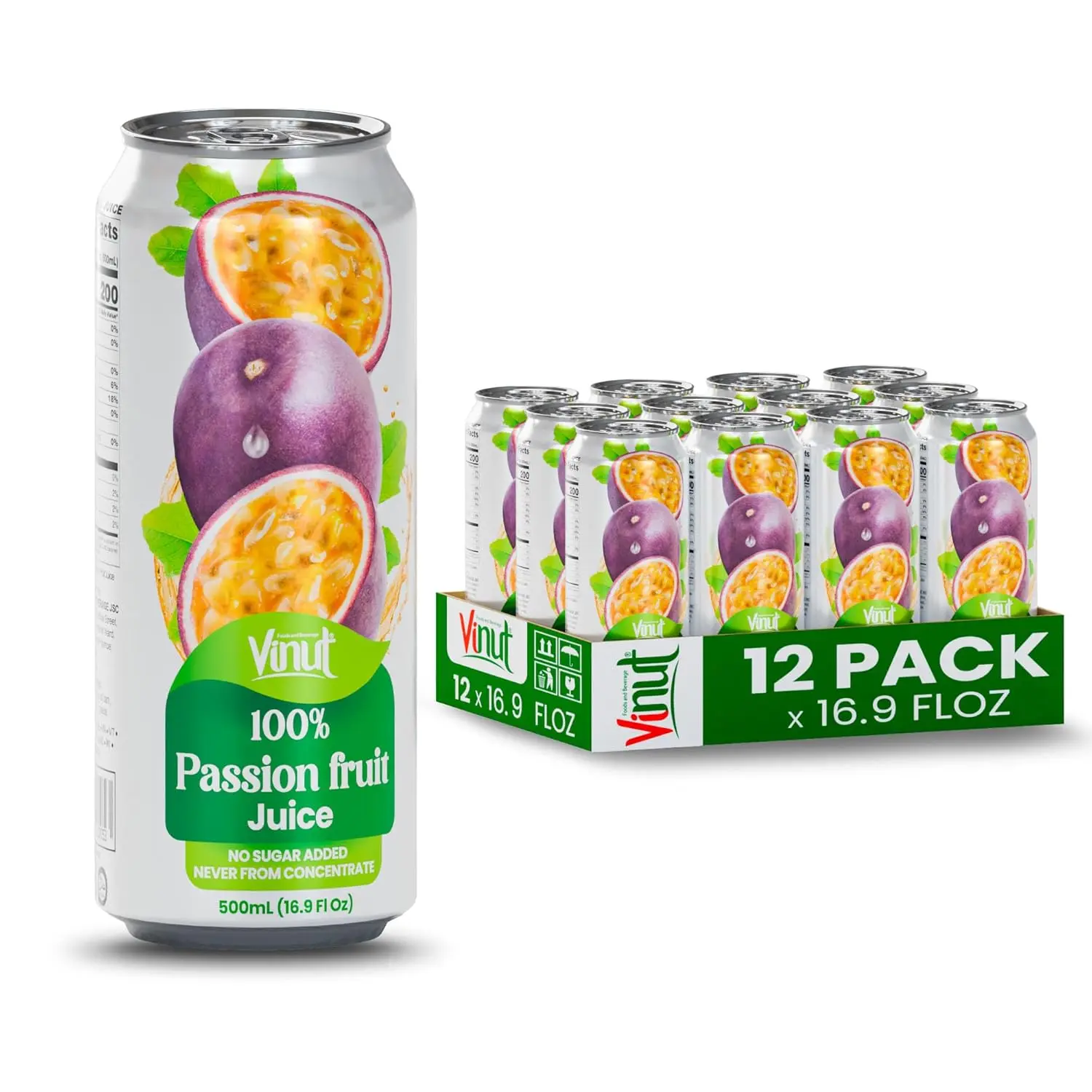 Vinut 100% Passion Fruit Juice 12 Pack & 24 Pack No Added Sugar Tropical Beverage 16.9 Fl Oz Pure NFC Juice Clean & Premium Quality