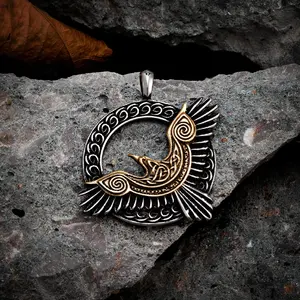 Gold Color Eagle Crow Necklace Men Viking Raven Amulet Stainless Steel Odin Rune Pendant Norse Mythology Jewelry Gift Never Fade
