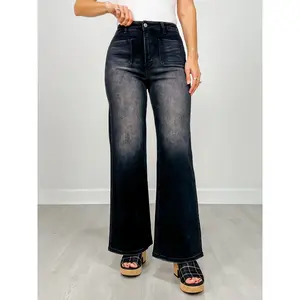 Stretch Front Two Pocket High Rise Flare Jean in Black