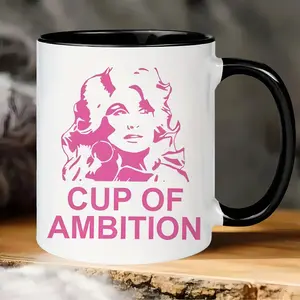 1pc 11oz White Ceramic Coffee Mug - "Cup of Ambition" Design with Pink & Black Artwork, No Assembly Required, Perfect for Office, Home, or Gift for Parents, Friends, Coworkers, Gift Mug |   Artistic Mug Design |   Durable Ceramic, Coffee Bar Accessories