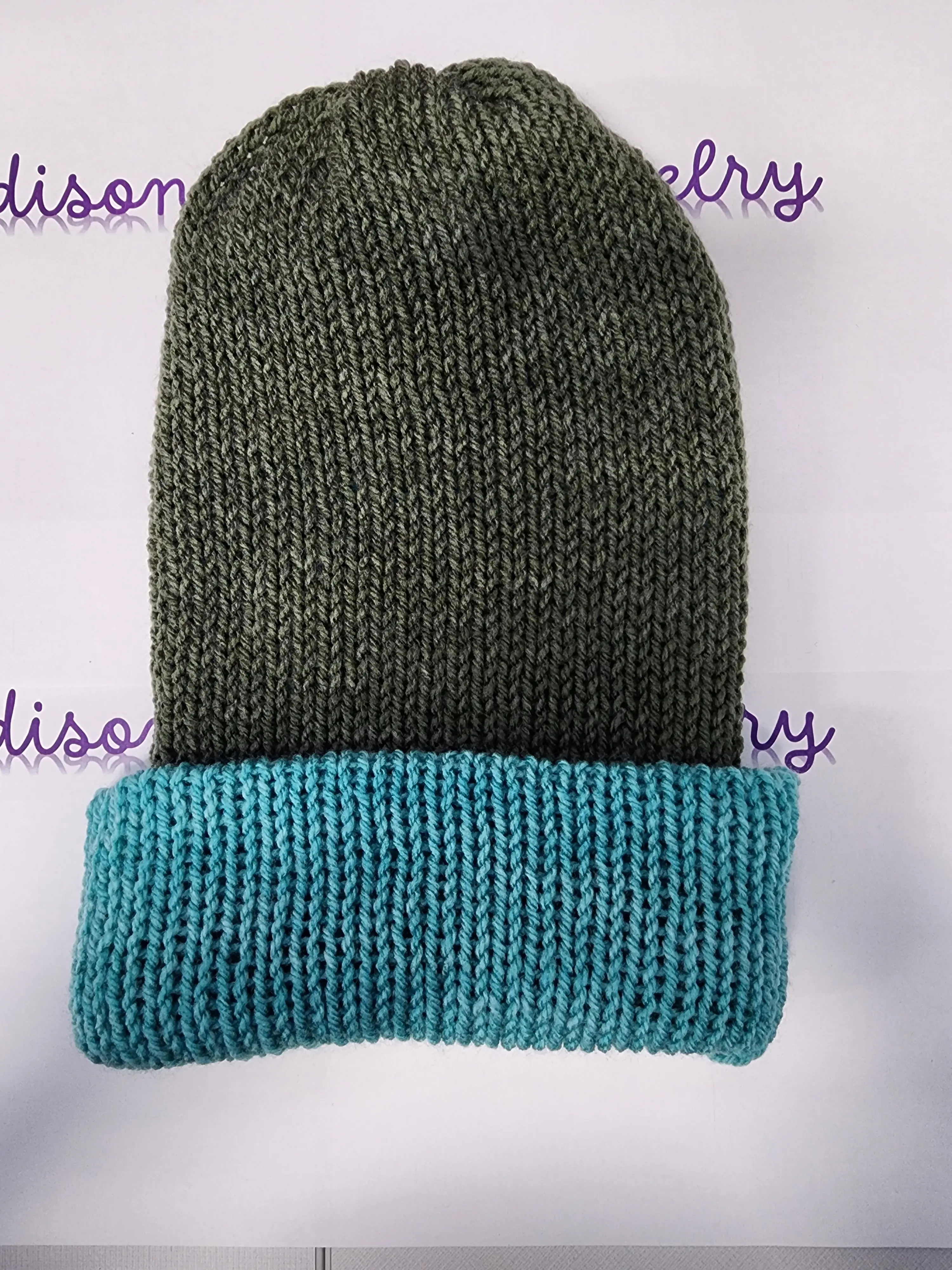 Knitted Moss Green to Teal Green Unisex Beanie Hat