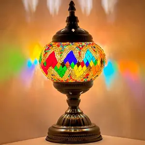 Golden Twilight: Vintage Mosaic Night Lamp with Rainbow Colors