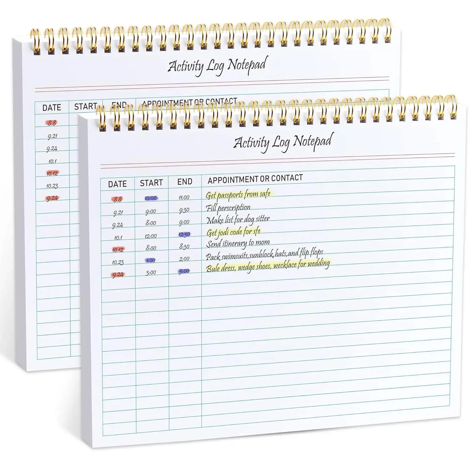 2-Pack Spiral Activity Log Notepad - 8.5x11 In Thick Paper Hard Backing, Easy-to-Use Personal & Business Organizer for Document Tasks, Increase Productivity, Checklists, Appointments, Contacts