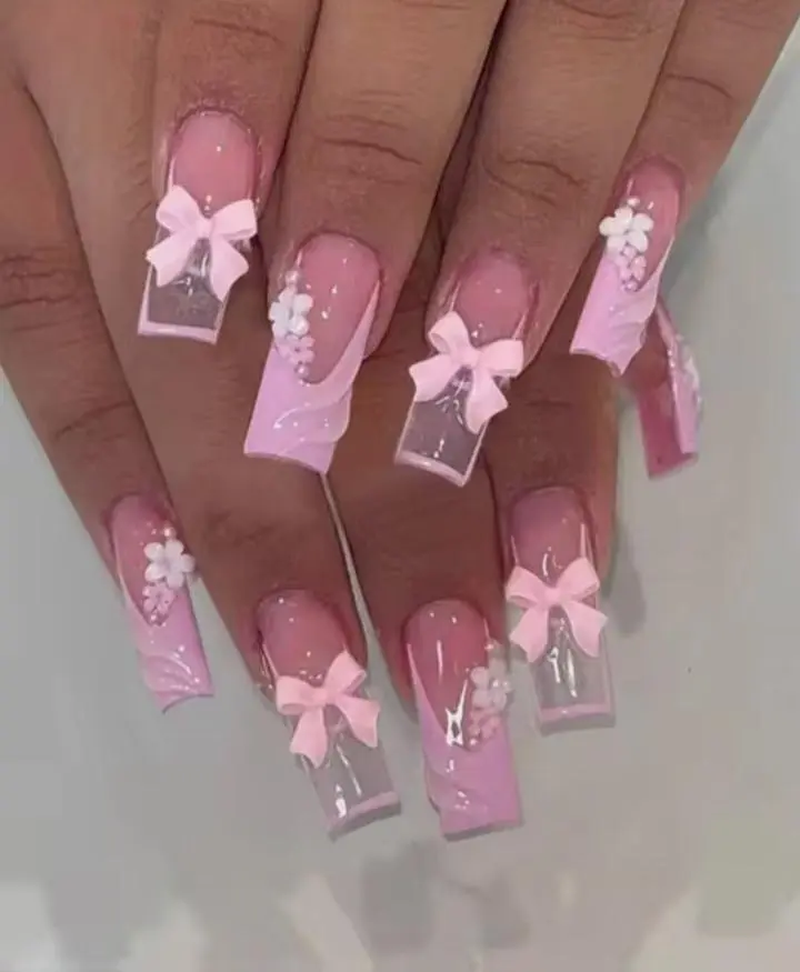 Keep It Cute 24PCS French White Border Coffin Shaped Fake Nails in Pink with Three-Dimensional Butterfly Decoration and Rhinestone Setting