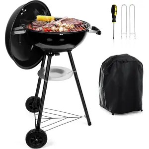 18 Inch Charcoal Grill, Black Kettle Outdoor Barbecue Grill, 2-In-1 Portable BBQ Grill with Wheels for Camping Backyard Patio Picnic, Porcelain-Enameled Lid & Fire Bowl, 254.SQ.IN Cooking Area
