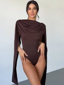 Sexy Cape Style Sleeves Ruched Cowl Neck BodySuit Blouse Top Party Outfit Womenswear