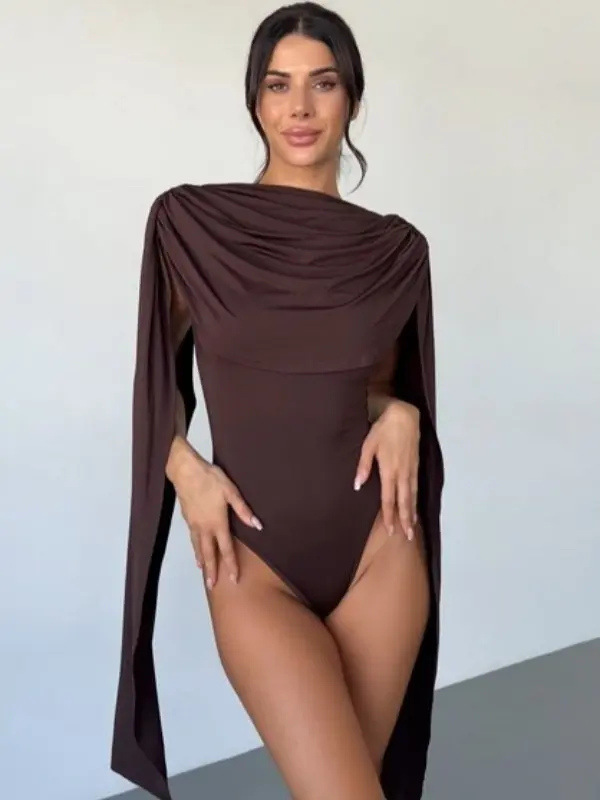 Sexy Cape Style Sleeves Ruched Cowl Neck BodySuit Blouse Top Party Outfit Womenswear
