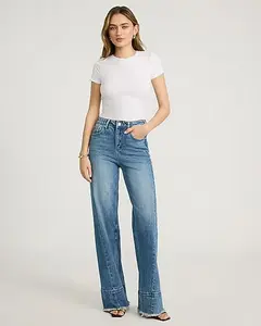 High Waisted Medium Wash Tall Hem Wide Leg Jeans, Comfortable Denim Pants with Loose Fit, Casual Streetwear Everyday Women Jeans