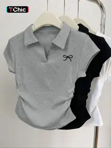 26 Valentine's Day 3pcs women's casual fashion butterfly pattern details simple solid color pleated polo collar pullover shirt women's short sleeved three piece T-shirt Polo Shirt Outfit