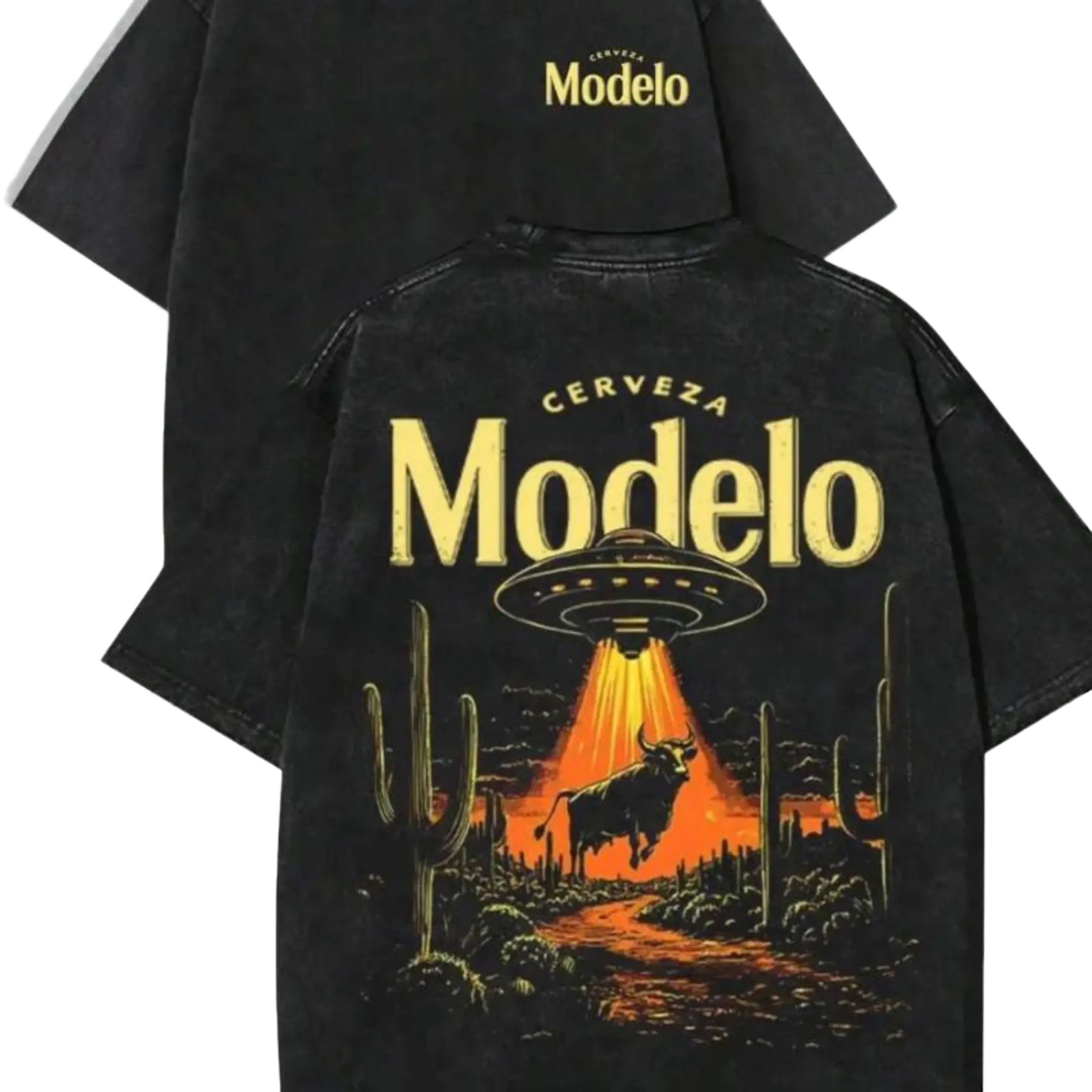 Men's UFO Bull Graphic Tee - Vintage Distressed Retro Sci-Fi Beer Print Washed Cotton Short-Sleeve Round-Neck Casual Streetwear Unisex Menswear Shirt, Ideal for Party, Holiday Gifting & Daily Wear