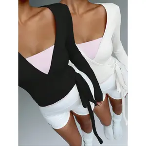 Women's Knitted Pure Color Elastic Stretchy Soft Comfortable Fit Front Tie V Neck Bodycon Long Sleeve Short Top Fashion Versatile Casual Sportswear
