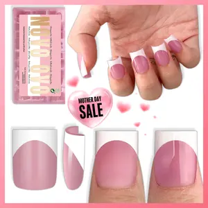 NOVO OVO Short Sharp Square White French Tip Nail Tips Press on BERRY PINK, Need Builder Gel Top Coat Nail Glue, Soft Gel Fake Nail Extension, Full Cover False Nails for Salon DIY x 15 Sizes 240 pcs【NO GLUE ,TOP COAT AND LAMP INCLUDED】