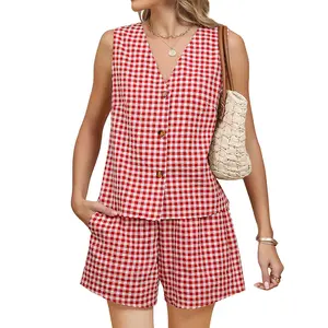 EncoLax Women's Summer Two Piece Sets Vacation Outfits Matching Short Sets Linen Gingham Vest and Shorts
