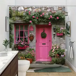 This shower curtain features a vibrant pink door, climbing roses, and potted plants in a rustic stone house pattern. Perfect for any bathroom décor, it beautifies the space, is easy to clean, available in multiple sizes, and includes a shower curtain hook