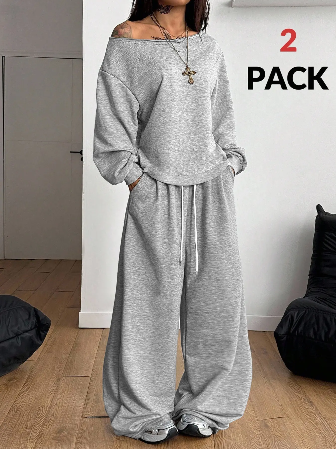 Women's Oversized Two-Piece Loungewear Set, Soft Grey Geometric Off-Shoulder Long Sleeves Top and Casual Pants for Street Style, Travel and Daily Comfort