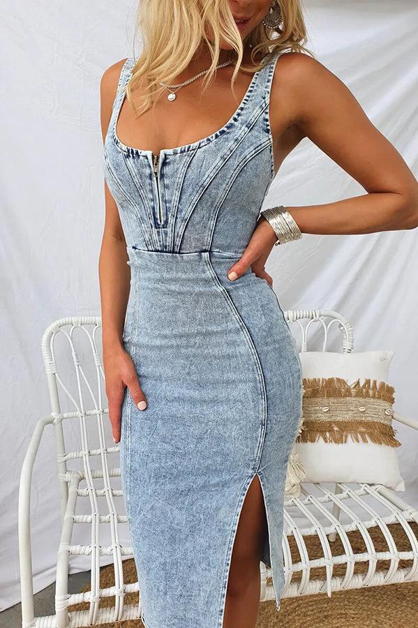 Cross-border Amazon Independent Station U-neck Sling Distressed Casual Style Denim Dress