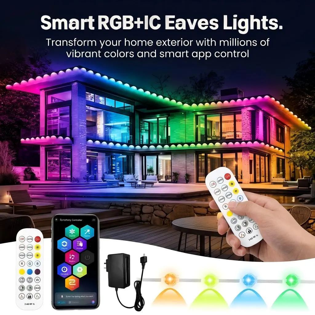 XFFQE Permanent Waterproof Outdoor RGB+IC LED Strip Lights (50FT-500FT), Wireless App & Remote-Controlled with RGB Effect, 72 Scene Modes & Music Sync for House Roofline Holiday Decor, Led Light Strips With Remote, Outdoor Led Strip Lights Waterproof