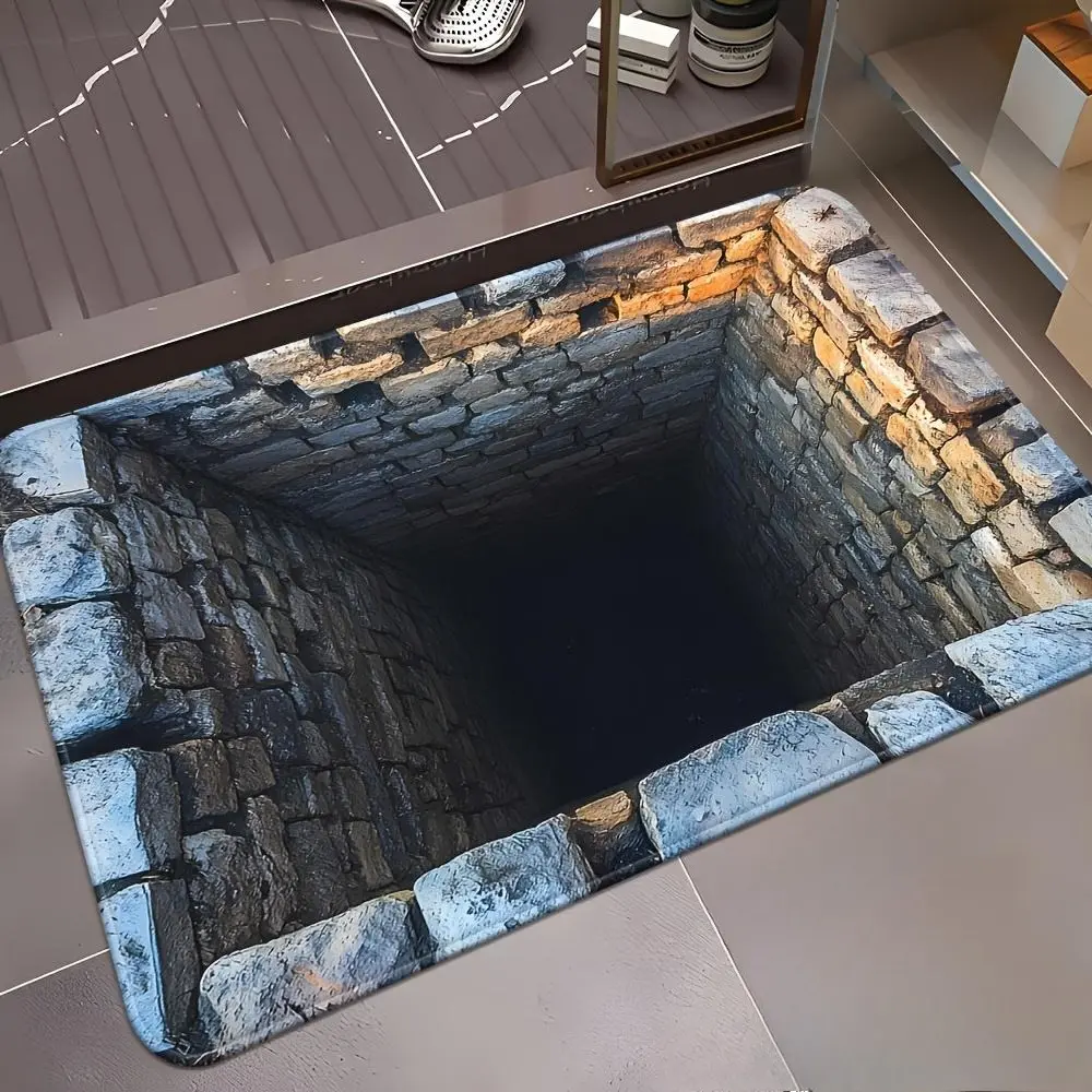 1pc Synthetic Rectangle 3D-Like Stone Texture Bathroom Drying Doormat - Non-Slip Absorbent Microfiber Washable Cave Illusion Mat, Alternative Artistic Doormats for Halloween Theme Cave-Themed Spaces (Dark Blue/Black), Washable Mat