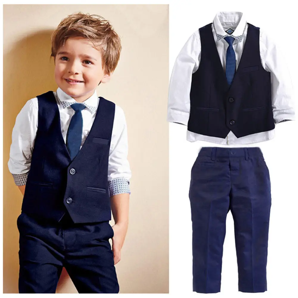 4Pcs Toddler Baby Boy’s Gentleman Formal Suit Long Sleeve Shirt with Tie, Waistcoat, Trouser, Infant Kids Wedding Party Page Boy Prom Suit Baptism Chr