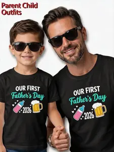 1-Piece set Father-son Style T-shirt - "Our First Father's Day in 2026" Featuring A Baby Bottle and Beer Glass Design, Round-neck T-shirt, Suitable for Newborns, The Preferred Gift for Father's Day (machine Washable) Fathers Day Gifts