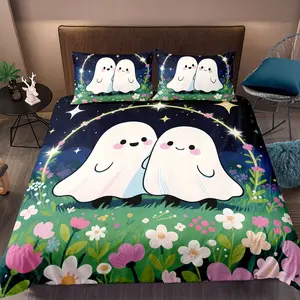 Halloween Cute Ghost Digital Print Bedding Set, Includes Pillowcase(s), Polyester Fabric, Room Decor Gift, 2/3 Piece Set