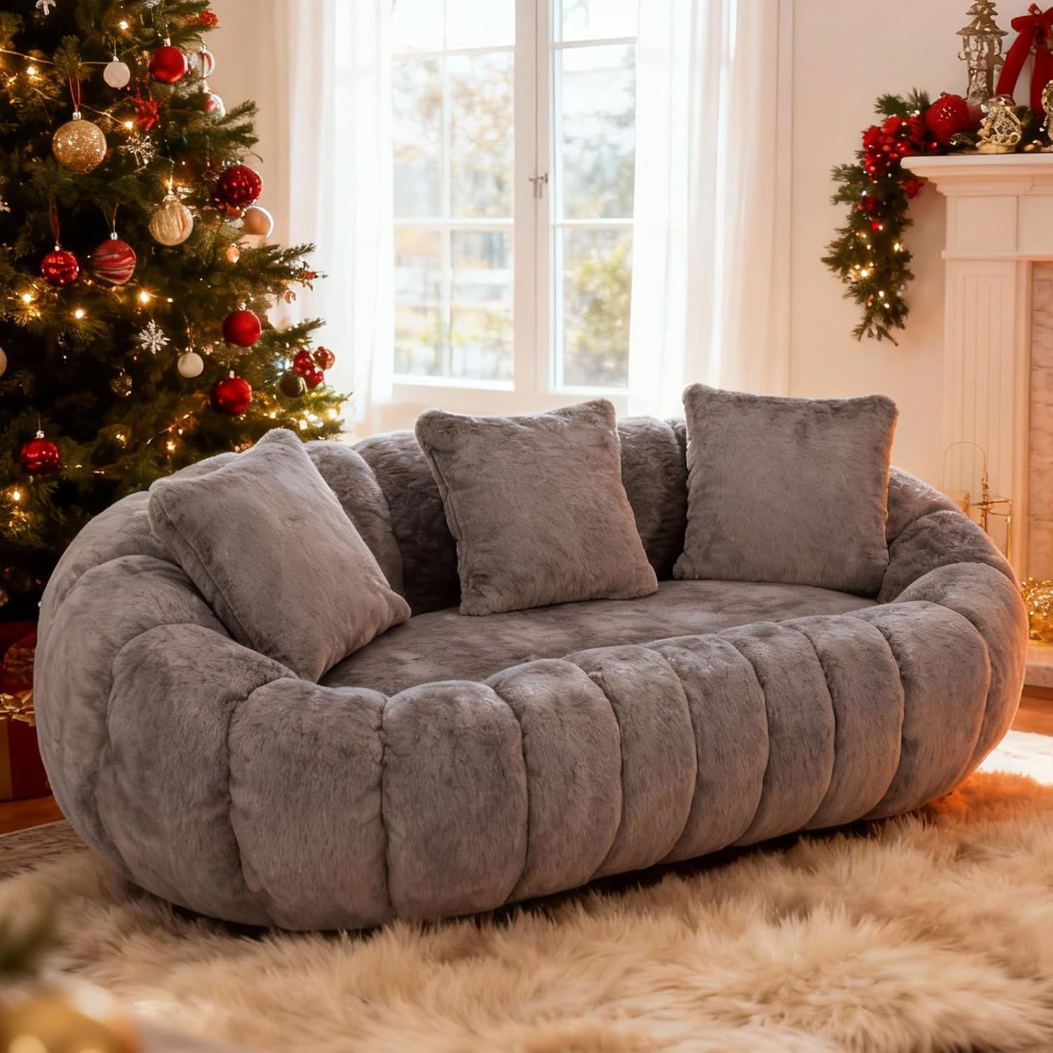 Fluffy Bean Bag Loveseat, Cloud Giant Bean Bag Couch for Adults with Filling and 3 Pillow, Soft Faux Fur Floor Sofa & Cozy Reading Chair for Bedroom, Living Room, Apartment (Grey, Lovesear)