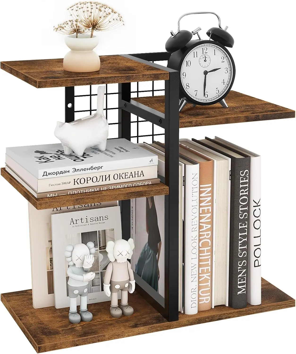 Rustic Brown 4-Tier Wooden Desktop Shelf Organizer, Adjustable Tabletop Display Rack with Shelves for Bedroom, Home Office Storage Holder