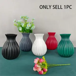Plastic Flower Vase, Nordic Style Ceramic Look Dried Flowers Vase, Home & Cafe Decoration, Round Striped Design, Water Cultivation Artpiece