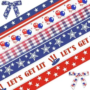 6 Rolls Patriotic Ribbon for Wrapping Gifts, Grosgrain Patriotic Ribbons for Gift Wrapping Memorial Day Decoration DIY, 3/8" X 25 Yards Blue Red Star Ribbon for 4th of July Party Supplies Decor