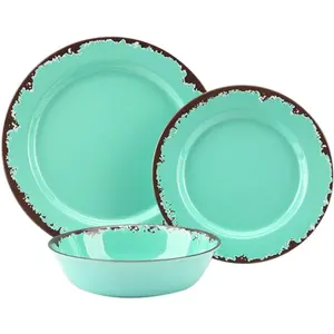 Rustic Melamine Dinnerware Set,12- Plates and Bowls Sets, Unbreakable Melamine Dish Set,Lightweight,Service for 4,Dishwasher Safe,Green