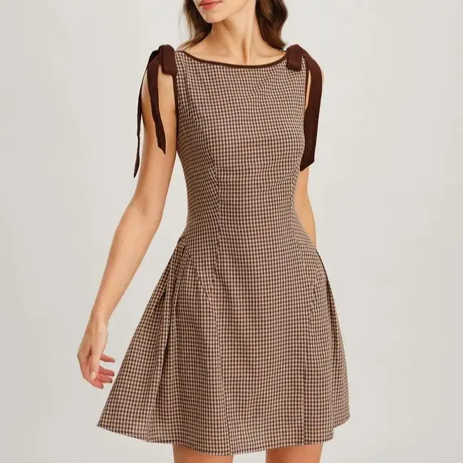 Women's Casual Elegant Brown Plaid Boat Neck A-Line Midi Dress - Premium Fabric Casual Wear Piece for Ladies, with Women's Accessories Compatibility & Semi-Formal Suitability