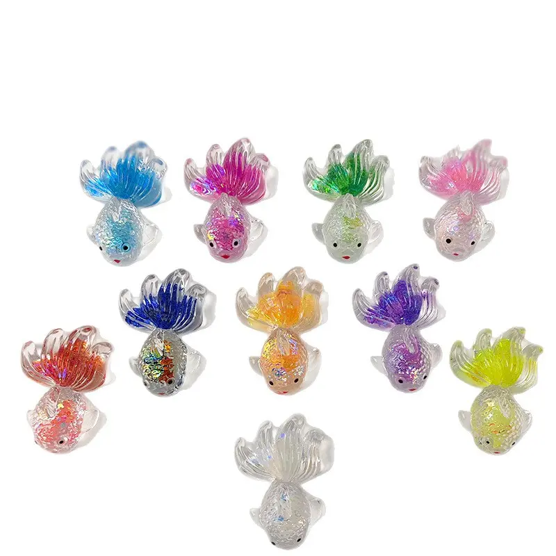 Kawaii 3D Glitter Goldfish Resin Charms (20-Pack Bulk Set)| Translucent Shimmer Miniature Fish for DIY Crafts, Fairy Garden, Slime & Decoden Accessories| 20pcs Cute Colorful Fake Fish Toys