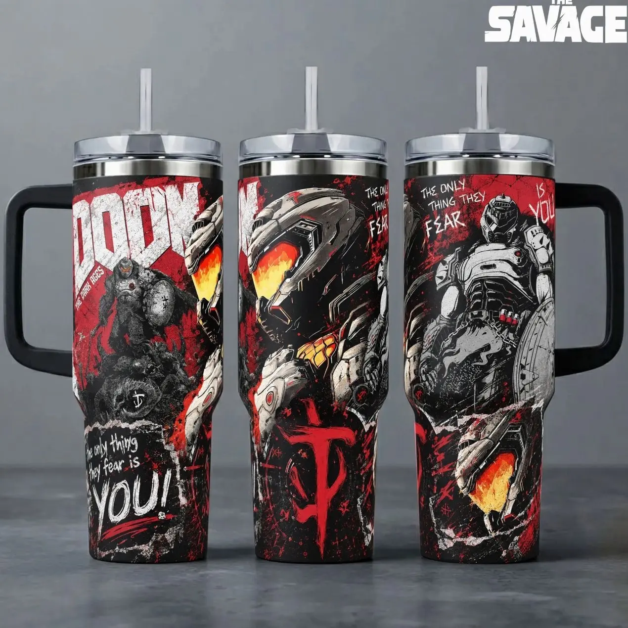 DOOM: The Dark Ages Tumbler, 20oz & 40oz Insulated Travel Mug with Handle & Straw. The Only Thing They Fear Is You Video Game Art Cup, FPS Gamer Merchandise, Perfect Gift for Game Lovers and Fans