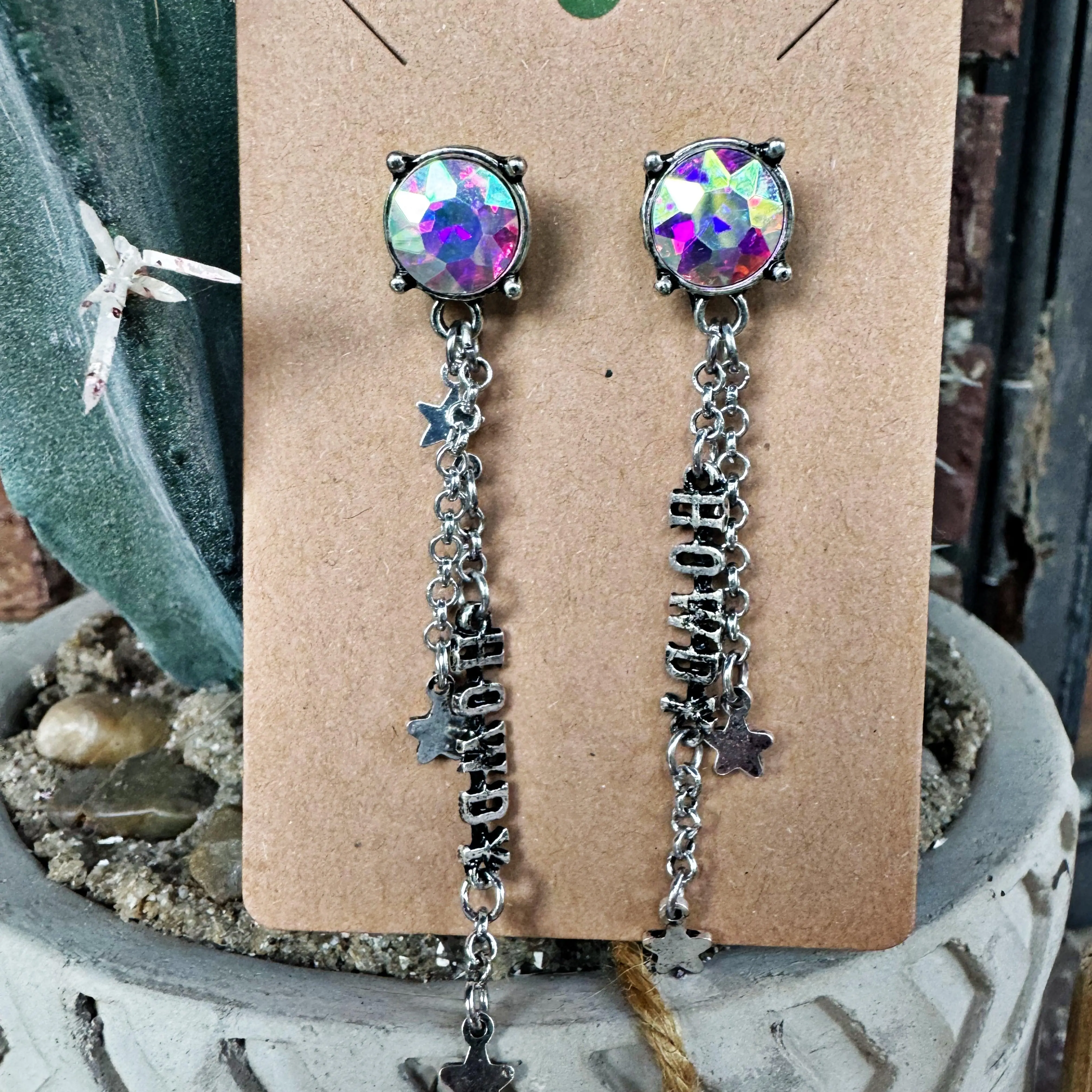 Rhinestone Howdy Earrings Burnished Silver Color with AB Stone and Chain Drop Design