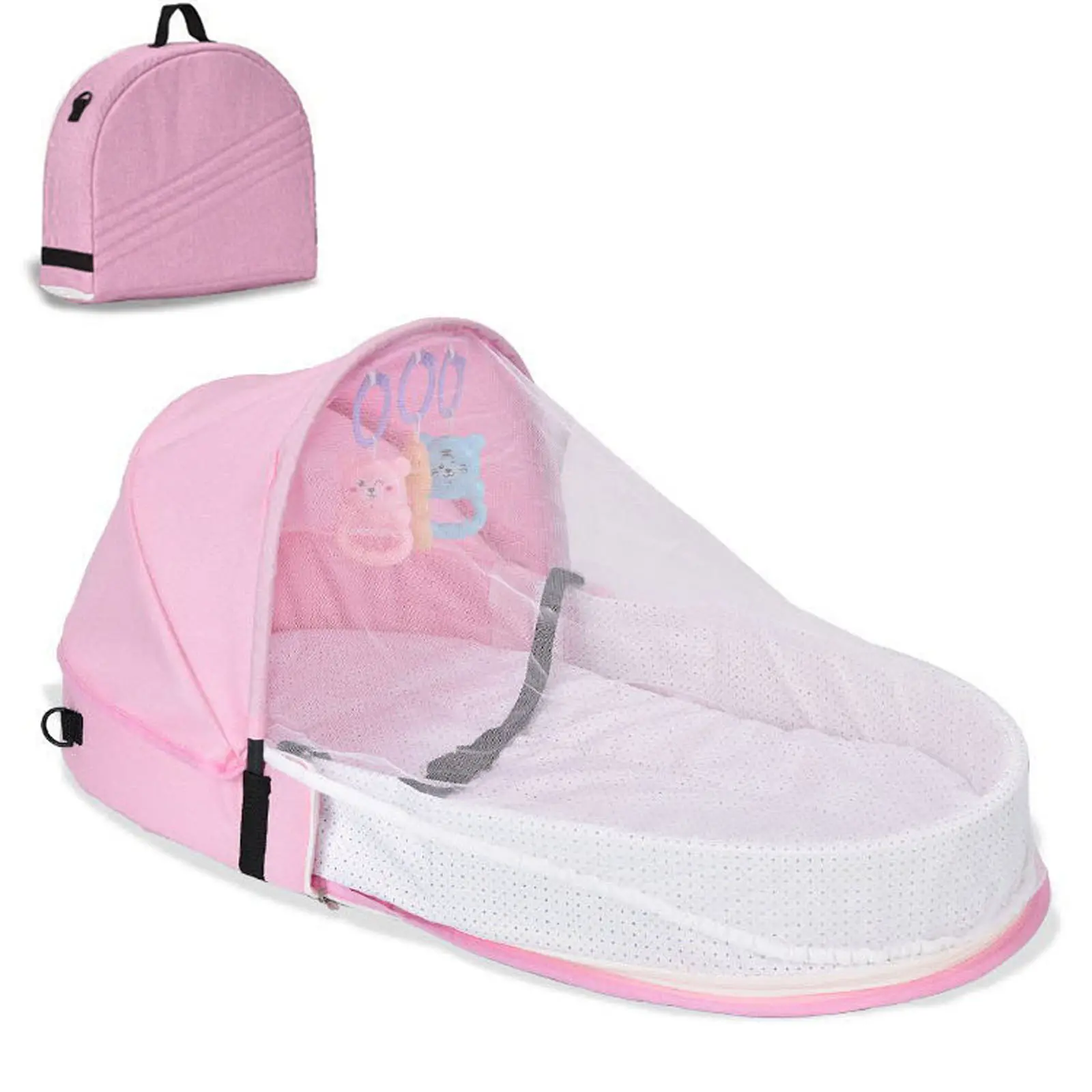2025 New Portable Newborn Infant Toddler Baby Crib, Foldable Mommy Bag Diaper Bag with Mosquito Net and Toy Baby Lounger