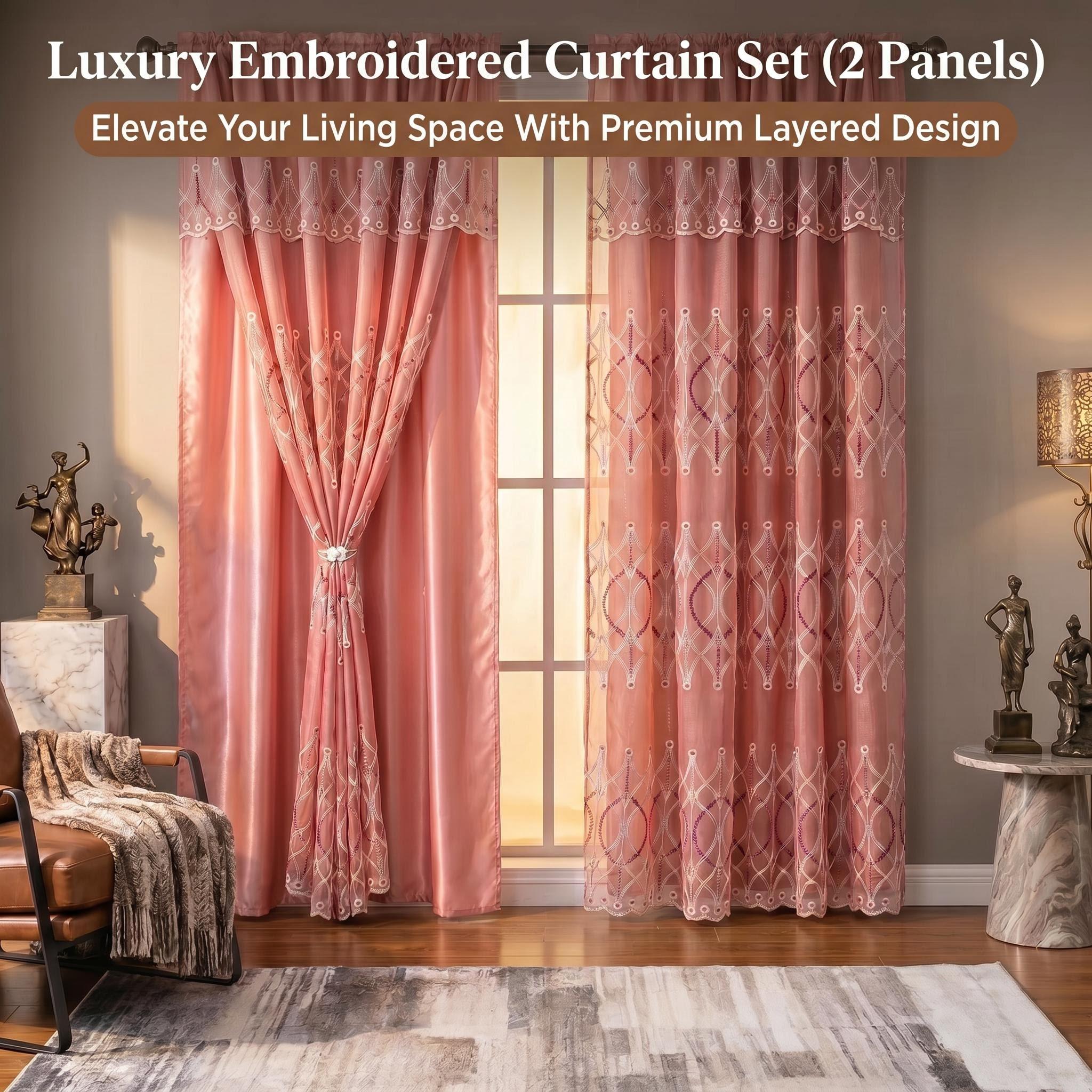 Embroidered Double Layer Curtains 2 Panels Set 52x84 Inch with Matching Valance 52x18, Luxury Vintage European Drapes with Satin Blackout Liner, Classic Rod Pocket Complete Window Treatment, Elegant Decor for Living Room Bedroom Farmhouse QF18