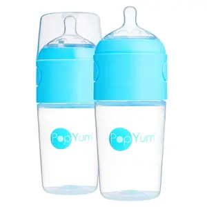 PopYum 9oz Anti-Colic Baby Bottle for Breast and Formula Feeding, 2-Pack, Blue, #2 Medium Flow Nipples