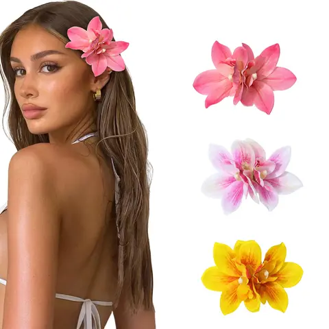Women's 3-Piece Chiffon&Metal Hawaiian Flower Hair Clips Kit - Durable Metal Duckbill Clips, Elegant Barrettes for Beach Days, Thick/Thin Hair Fit, Anniversary/Birthday Gifts, Engagement-Ready Photo-Ready Accessories